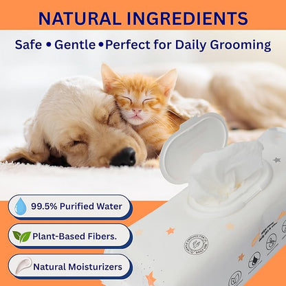 Aurora Pet Wipes – 100% Natural, Plant-Based Hypoallergenic Grooming Wipes for Dogs & Cats – Extra-Durable, Large & Thick for Effortless Cleaning (Unscented, 200 Count)