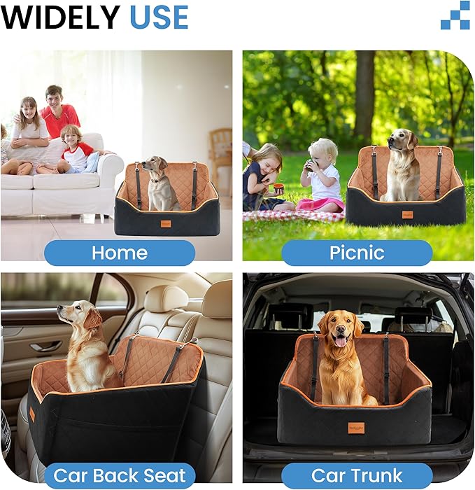 Dog Car Seat for Medium Dogs - Pet Car Seat with 2 Safety Straps & Waterproof Padding, Portable Pet Carrier for Cars, Trucks & SUVs, Comfortable Booster Bed for Pets Up to 55lbs (Black/Coffee)