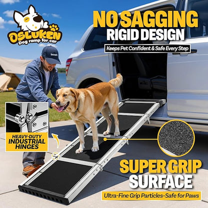 Dog Ramp for (200 lbs), Extra L71” W17” Folding Pet Ramp for Large Dogs 90° Adjustable Head, Outdoor Anti-Slip Foldable Dog Car Ramps for SUV Truck Side Door (5 Folded)