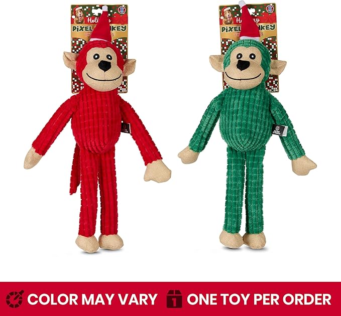 Bow Wow Pet Pixel Monkey with Santa Hat Plush Squeaky Dog Toy
