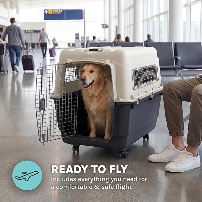 SportPet Airline Compliant X-LARGE 32.25" Travel Dog Kennel-Durable Plastic Airline Pet Carrier w/Removable Wheels & Food Bowls, Collapsible Indoor/Outdoor Dog Kennel, Dog up to 32"L & 23"H-Cream/Gray