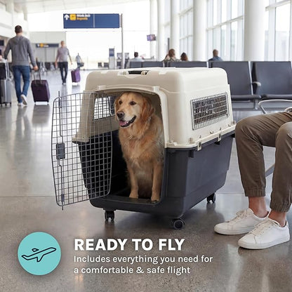 SportPet Airline Compliant X-LARGE 32.25" Travel Dog Kennel-Durable Plastic Airline Pet Carrier w/Removable Wheels & Food Bowls, Collapsible Indoor/Outdoor Dog Kennel, Dog up to 32"L & 23"H-Cream/Gray