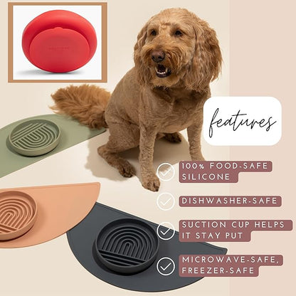 Should We Go? Slow Feeder for Dogs & Puppies, The Slowdown Bowl Silicone Slow Eating, Modern Lick Mat Design, Reduces Gulping, Fits 2 Cups, 7.5” Across x 1.5” Tall, Mealtime Challenge, Medium-Cherry