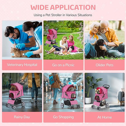 ZENY Foldable Pet Stroller, Cat/Dog Stroller with 4 Wheel, Pet Travel Carrier Strolling Cart with Storage Basket, Cup Holder (Pink)