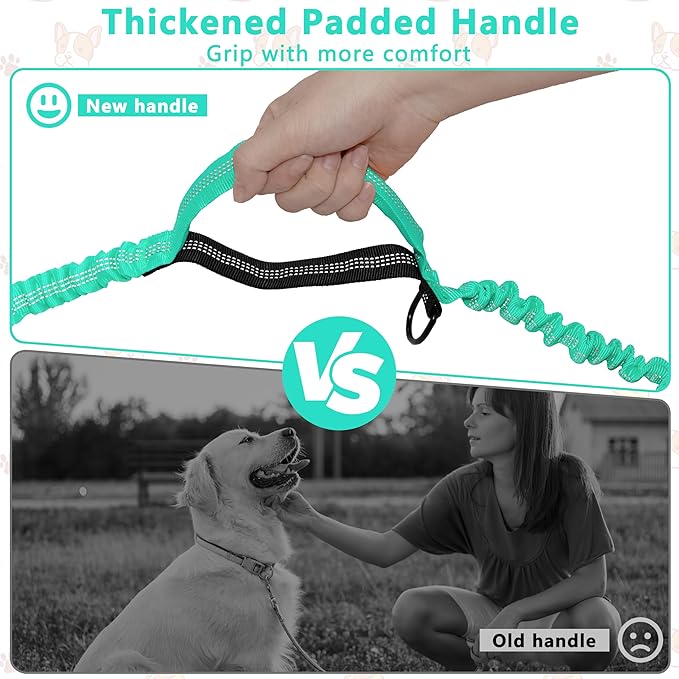 Hands Free Dog Leash with Zipper Pouch, Running Waist Leash for Dog Walking, Adjustable Waist Belt for Large Dogs, Reflective Bungee Design with Two Handle for Hiking, Training, Teal
