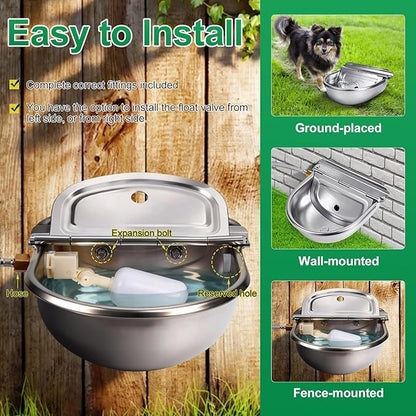 Metal Automatic Dog Water Bowl Dispenser, Outdoor Heavy Duty Stainless Steel Dog Waterer, Auto Self Filling Animal Water Feeder for Dogs Cats with Float and Drain Plug