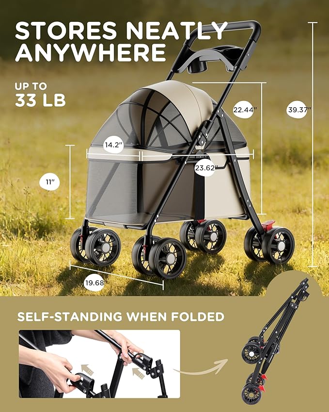 GTPLAYER Foldable Pet Stroller for Small Dogs and Cats, Holds Up to 33 lb, 4-Wheel Stroller with 2 Safety Tethers, Breathable Mesh, Lockable Front Wheels, Cup Holder/Tray & Storage Pocket, Ivory
