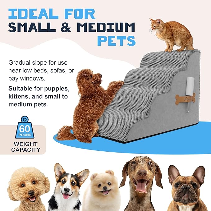 PAWZY Dog Stairs for Bed & Couch, 4-Step Foam Pet Steps 20” High for Small Dogs & Cats up to 60 lbs, Wide Non-Slip Stairs, Waterproof Washable Zipper Cover, No Assembly, Grey