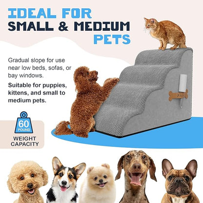 PAWZY Dog Stairs for Bed & Couch, 4-Step Foam Pet Steps 20” High for Small Dogs & Cats up to 60 lbs, Wide Non-Slip Stairs, Waterproof Washable Zipper Cover, No Assembly, Grey