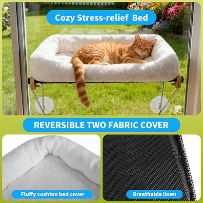 HoneyGuardian Cat Window Prech,Metal Support from Below with 4 Suction Cups, with Plush Cushion, Cat Window Hammock for Large Cats and Kittens