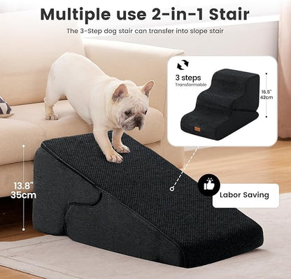Gardner Pet Dog Stairs for Small Dogs 16.5" H, 2 in 1 Transformable 3-Step Pet Stairs and Dog Ramp for Couch (13-20 in), Black Adjustable Pet Steps with Non-Slip Waterproof Cover and CertiPUR-US Foam