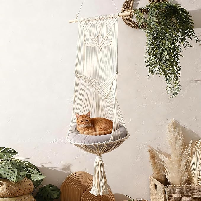 Macrame Cat Hammock-Boho Cat Bed Cotton Wall Hanging for Indoor Outdoor Home Decor, Macrame Cat Bed Hanging for Sleeping, Playing, Climbing and Lounging 49.2" Lx15.74 W