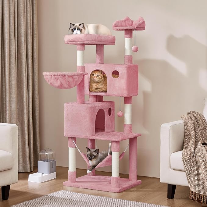 Yaheetech Multi-Level Cat Tree, Large Cat Tower with Condos Platform, Cat House Cat Tree for Medium Cats Pink, 64.5in