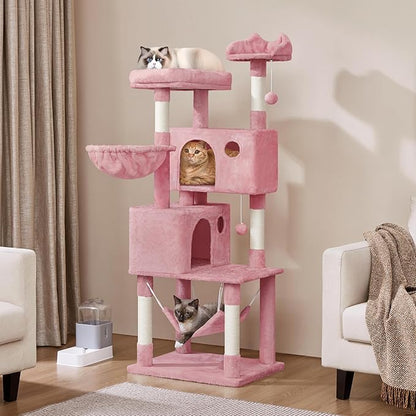 Yaheetech Multi-Level Cat Tree, Large Cat Tower with Condos Platform, Cat House Cat Tree for Medium Cats Pink, 64.5in