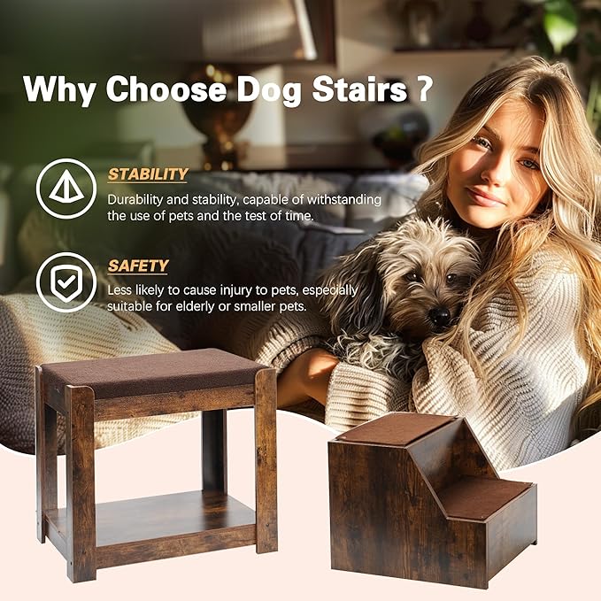 Dog Window Perch with Stairs, Indoor Dog Bunk Bed to Look Out Window, Large Pet Window Seat for Dogs and Cats, Vintage Wood