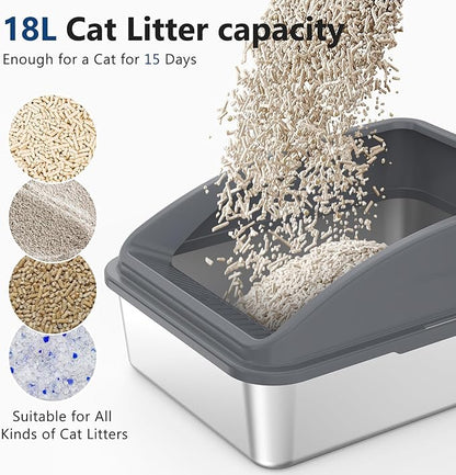 Stainless Steel Litter Box, Metal Kitty Litter Box with Scoop, Anti-Leakage Top Entry, Non-Sticky, Easy to Clean