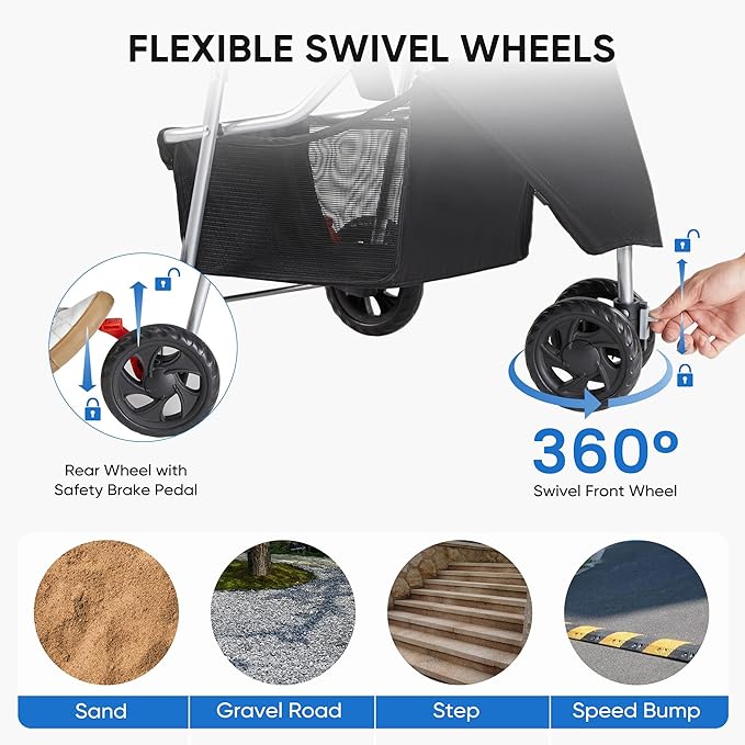 3 Wheel Pet Stroller for Dogs and Cats, Foldable, Lightweight and Durable, Ideal for Small to Medium Pets, Includes Storage Basket and Cup Holders