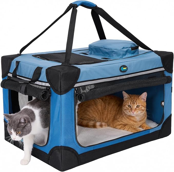Ownpets Extra Large Cat Carrier for 2 Cats Small Dogs, 24 Inches Collapsible Soft Dog Crate for Car Travel, Portable Pet Carrier with Soft Mat, Blue