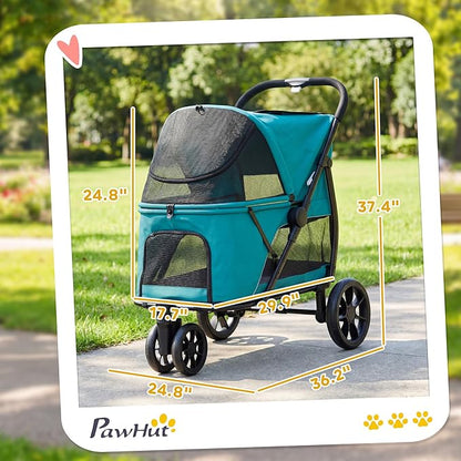 PawHut 3 Wheel Pet Stroller, Dog Stroller Dual Entry, Easy One-Click Quick Fold, All-Terrain Wagon Cart with Air Mesh, Washable Cushion, for Small and Medium Dogs and Cats Up to 44 lbs, Dark Green
