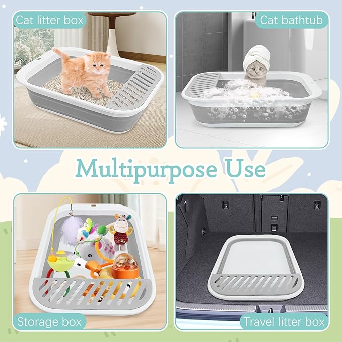 Fhiny Kitten Litter Box Portable Shallow Litter Box 17.7"x13.4"x4.9" Foldable Cat Toilet with Scoop Open Kitty Potty Pan with Litter Drop Pedal Easy to Clean Travel Kitten Toilet(Gray)
