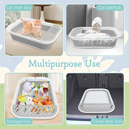 Fhiny Kitten Litter Box Portable Shallow Litter Box 17.7"x13.4"x4.9" Foldable Cat Toilet with Scoop Open Kitty Potty Pan with Litter Drop Pedal Easy to Clean Travel Kitten Toilet(Gray)