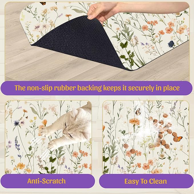 Vintage Wildflowers Herbs Pet Feeding Mat, Absorbent Bowl Pad, Quick Dry, Non-Slip Base, No Stains – 16x24 Inch