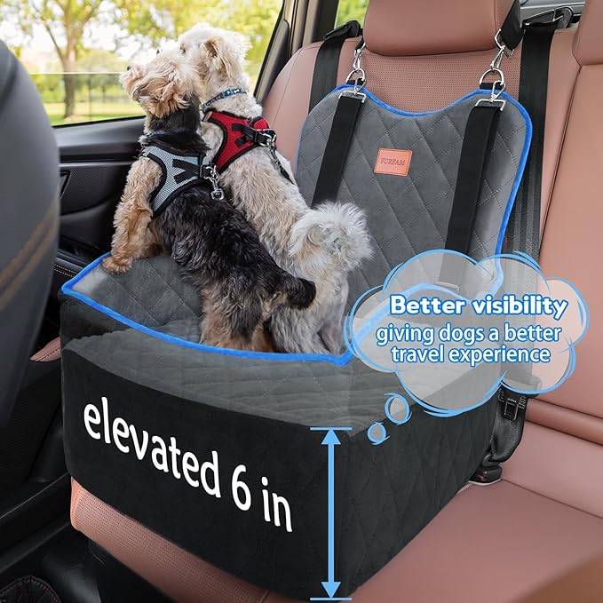 Elevated Dog Car Seat, Booster Car Seat for Small/Medium Sized Dog Fits in Front/Back Seat, 6 Inch Memory Foam, 3 Storage Pockets & 3 Safety Belts, Detachable Washable Puppy Carrier for Travel
