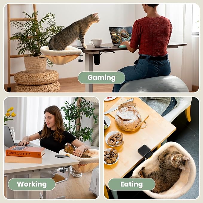 Cat Desk Bed - One-Click Folding,Sunken Design & Space-Saving Semi-Circular Cat Bed, Soft Faux Rabbit Fur Material, Suitable for Various Desktops-Maximum Hold Up to 40lb