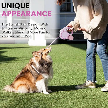 Best Dog Supplies | Pink Retractable Dog Leash with Light, Poop Bag Dispenser, Poop Bag Holder, 2 Elastic Ropes | Set of 4