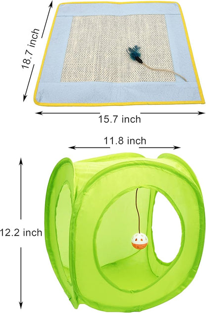 Youngever 18 Cat Toys Kitten Toys Assortments, Cat Teaser Wand, Interactive Bell Toy, Sparkle Balls for Cat, Puppy, Kitty, Kitten (with Square Tunnel and Scratching Mat)