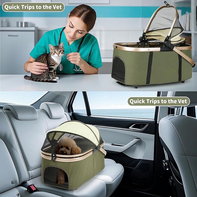 Double Pet Stroller for Dogs and Cats: Dog Stroller Foldable Travel Carriage with Detachable Carriers, Safety Belts, and 4 Lockable Wheels for Small to Medium Pets – Ideal for Multi-Pet Homes (Green)
