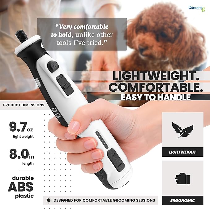 Diamondg Cordless Dog Nail Grinder with Quiet Sound & LED Tip for Large & Small Dogs, 4hrs. Runtime - Electric Dog Nail Trimmer, Heavy Duty Rotary Tool Alternative to Toenail Clippers & Filers