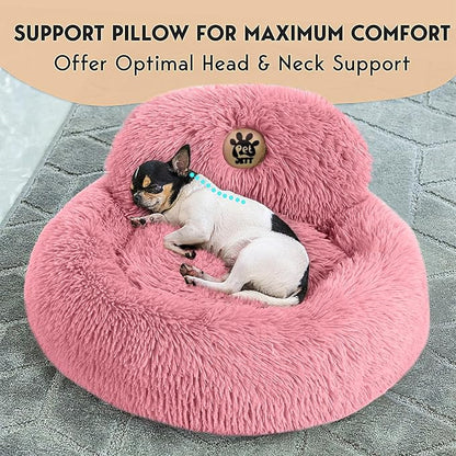 PetJett Calming Dog Bed for Small Dogs – 23" Donut Dog Beds, Anti-Slip & Washable Fluffy Plush Faux Fur Pet Bed, Anti-Anxiety Premium Comfort Round Puppy Bed, Fits Dogs up to 25 lbs – Pink