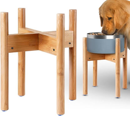 Dog Bowl Stand for Large Breed - Raise, Elevate Bowls to 14-inch High - Adjustable, Fits Any Single Pet Food/Water Feeders and Fountains - Durable Bamboo