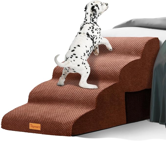 Topmart Wider High Density Foam Dog Steps 4 Tiers,Extra Wide Deep Pet Steps,Non-Slip Pet Stairs with Waterproof Cover,Soft Foam Dog Ladder,Best for Older, Injured, Pets,Cats