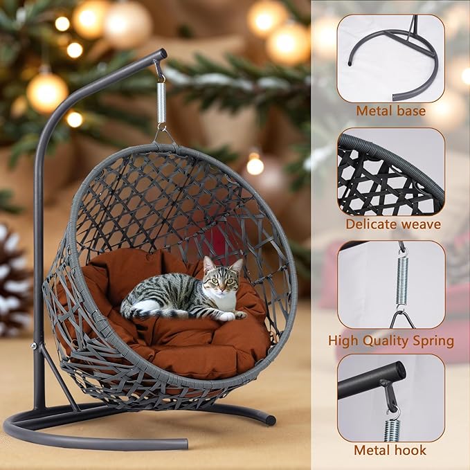Cat Egg Chair with Stand & Cushion, Cat Swing Bed with Rattan Wicker Appearance, Hanging Chair for Indoor Cats Pet Kitten Puppy Small Dogs (Brown, 19.30 Inch)