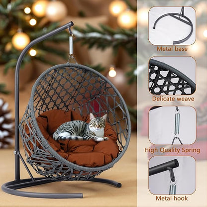 Cat Egg Chair with Stand & Cushion, Cat Swing Bed with Rattan Wicker Appearance, Hanging Chair for Indoor Cats Pet Kitten Puppy Small Dogs (Brown, 19.30 Inch)
