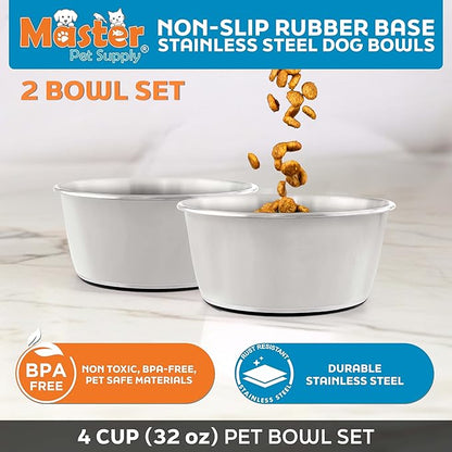 Master Pet Supply Stainless Steel Dog Bowls Set of 2 (32 Oz Each) with Non-Slip Rubber Base - Bone White - Basic Dog Food Bowl Water & Food Bowls for Small Medium Large Dogs & Cats, Metal Dish