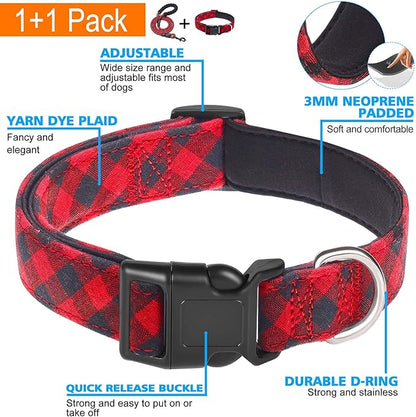 Reflective Dog Collar Padded with Soft Neoprene Breathable Adjustable Nylon Dog Collars for Small Medium Large Dogs (Small (Pack of 1), Red Plaid Collar+Leash)