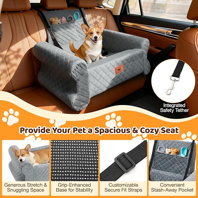 Dog Car Seat for Medium/Large Dogs up to 60 lbs, Memory Foam Dog Booster Seat with Thick Cushion, Pet Car Seat for Back with Detachable Washable Cover, Storage Pockets for SUV, Pick Up, Trunk, Grey