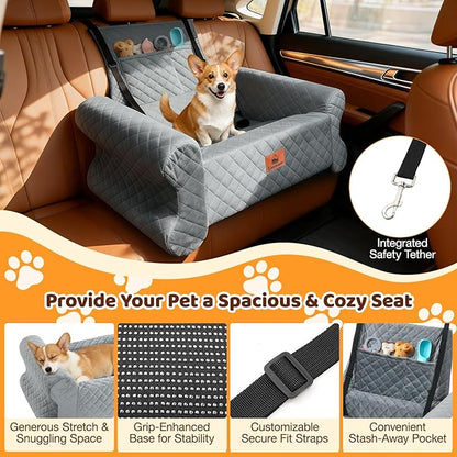 Dog Car Seat for Medium/Large Dogs up to 60 lbs, Memory Foam Dog Booster Seat with Thick Cushion, Pet Car Seat for Back with Detachable Washable Cover, Storage Pockets for SUV, Pick Up, Trunk, Grey