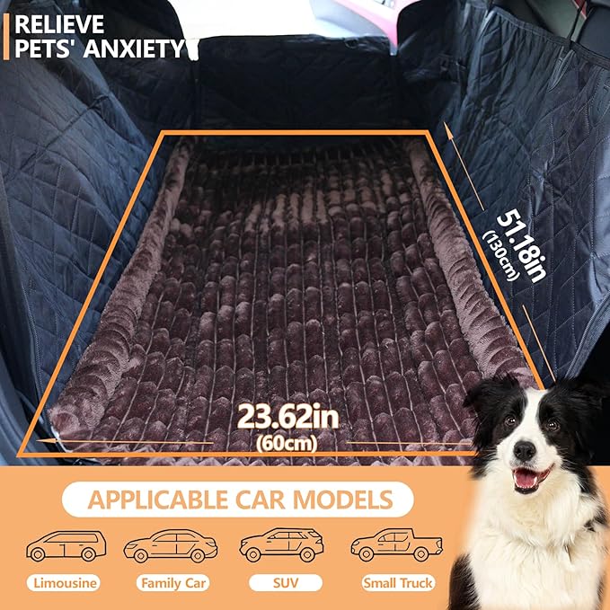 2-in-1 Dog Car Seat Cover & Dog Car Pet Bed Mat for Back Seat, Waterproof Pet Hammock with Soft Plush Cushion, Nonslip Backseat Protector for Dogs, Fits Cars SUVs Trucks