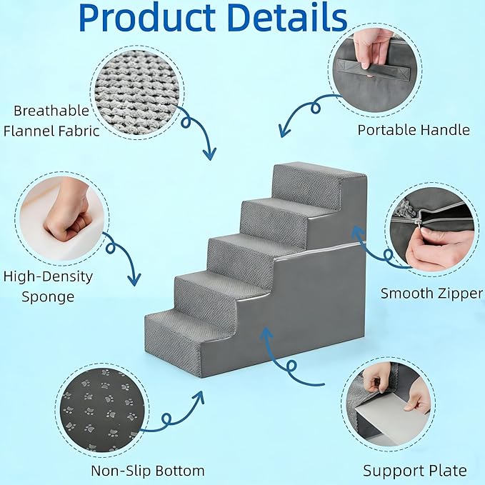 Simple Deluxe Dog Stairs for Small Dogs, 5-Step Dog Step for Puppy, Older Cat, Medium Pet Ramp for Sofa, Couch or Chair, Indoor Non-Slip Pet Ladder with High Density Foam, Gray