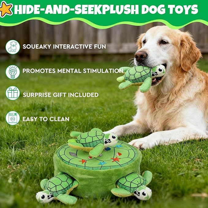 Hide and Seek Squeaky Dog Plush Toy Carrot and Bunny Set, 5 Pack Dog Puzzle Toys for Training and Cleaning, Interactive Tough Dog Toy for Small Medium Dogs,Turtles