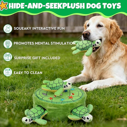 Hide and Seek Squeaky Dog Plush Toy Carrot and Bunny Set, 5 Pack Dog Puzzle Toys for Training and Cleaning, Interactive Tough Dog Toy for Small Medium Dogs,Turtles
