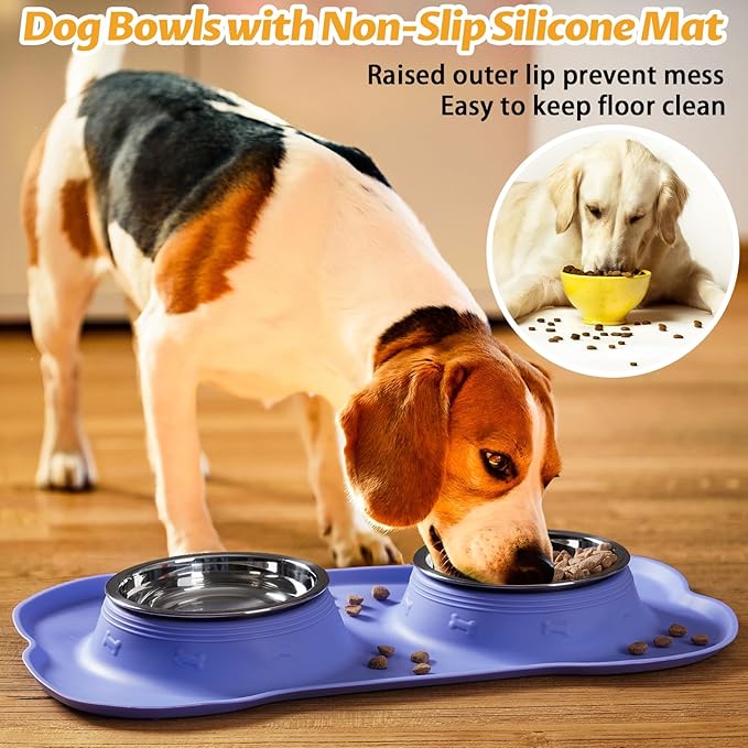 Hubulk Pet Dog Bowls 2 Stainless Steel Dog Bowl with No Spill Non-Skid Silicone Mat + Pet Food Scoop Water and Food Feeder Bowls for Feeding Small Medium Large Dogs Cats Puppies (Medium, Purple)