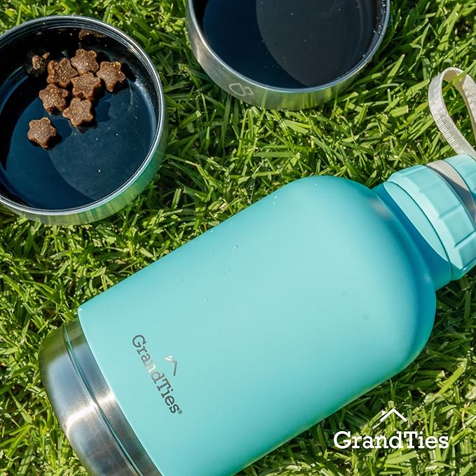 GrandTies Insulated Portable Dog Water Bottle with 2 Detachable Water Bowl Dispenser | Leak-Proof Dog Food Travel Container | Accessories for Dogs Walking, Hiking, Camping (32oz, Powder Green)