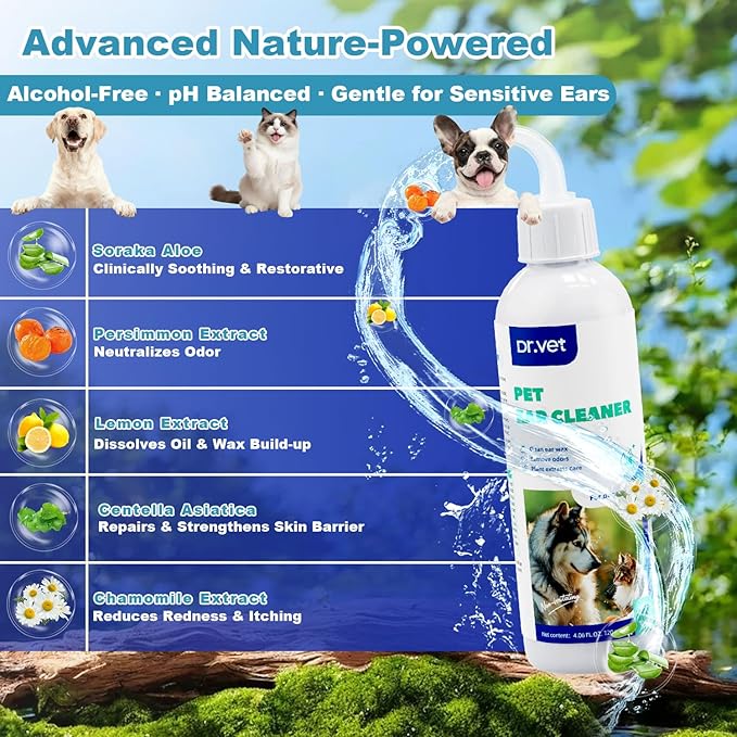 Dog Ear Cleaner Solution– Soft Nozzle Ear Treatment for Dogs & Cats, Gently Remove Dog Ear Wax & Debris, Soothe Ear Itching & inflammation, Odor Pet Ear Wash with Aloe Vera & Persimmon – 4.06 fl oz