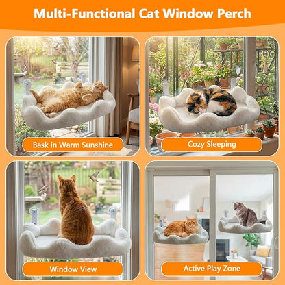Homegroove Cat Window Perch, 24 x 12 Inch Foldable Cat Hammock for Window with 4-Sided Bolster & 4 Large Suction, Cloud Shape Cordless Window Bed for Indoor Cats (White, Large(24'' x 12''))