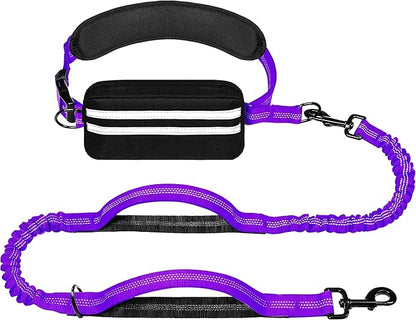 Hands Free Dog Leash with Zipper Pouch, Running Waist Leash for Dog Walking, Adjustable Waist Belt for Large Dogs, Reflective Bungee Design with Two Handle for Hiking, Training, Purple
